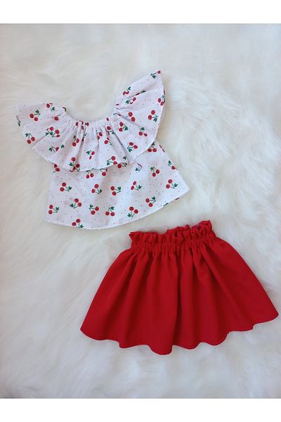 Eylülce Butik Cherry Patterned Blouse & Red Skirt Set