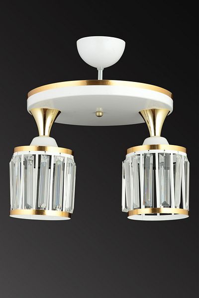 SONSUZ AYDINLATMA&AVİZE 2-Piece White Tray Crystal Stone Plafonier Yellow Striped Cylinder Downward Facing Luxury Chandelier