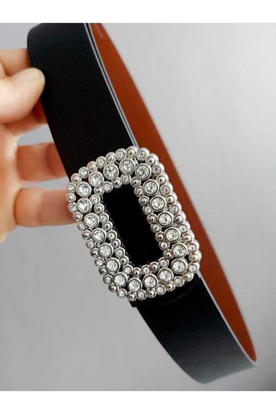 Kemerix Women's Stoned Silver Buckle Double Sided Black-tan Belt