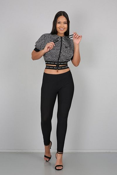 Banadamoda Black Patterned Stripe Detailed Zippered Crop Sweatshirt