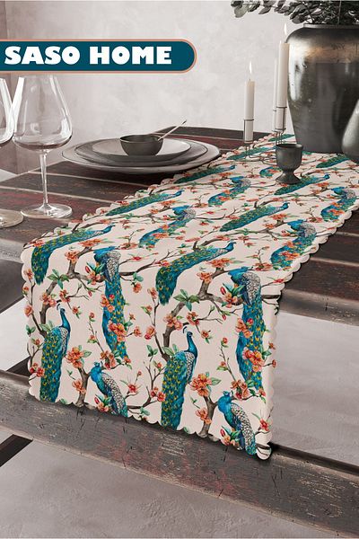 SasoHome Tropical Peacocks Pattern Ποιοτικό Βελούδινο Ύφασμα 45x140 cm Διακοσμητικό - Δώρο Runner