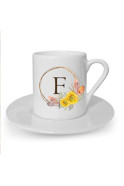 Kumbara Hediyelik White Flower Patterned Turkish Coffee Cup with Letter F Printed