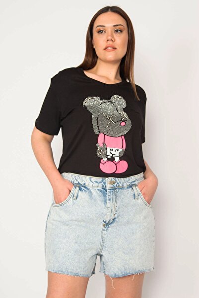 Şans Tekstil Women's Blue Washing Effect Jeans Shorts with Filthy Stitching 26a33080