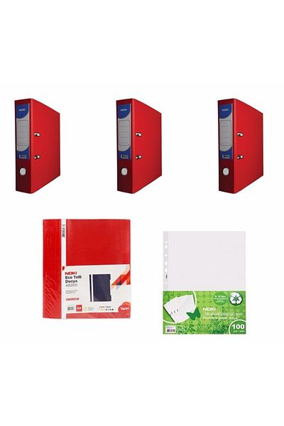 Noki Filing Set - 3 Pieces of Folders / 50 Pieces of Ring Binders / 100 Pieces of Bag Binders - Red