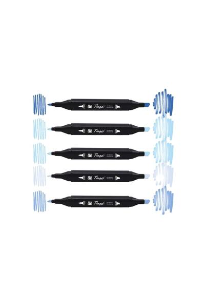 Tinge Twin Çift Uçlu Marker Kalemi 5'li Set Mavi Tonları (blue Tonnes)