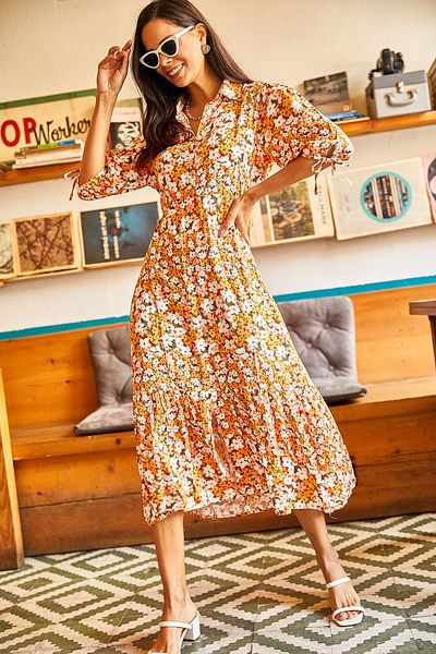 Olalook Women's Orange 4 Button Sleeve Detailed Slit Woven Viscon Dress ELB-19001725