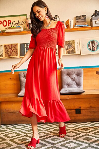 Olalook Women's Red Top with Glitter Square Collar Bodrum Dress ELB-19001557