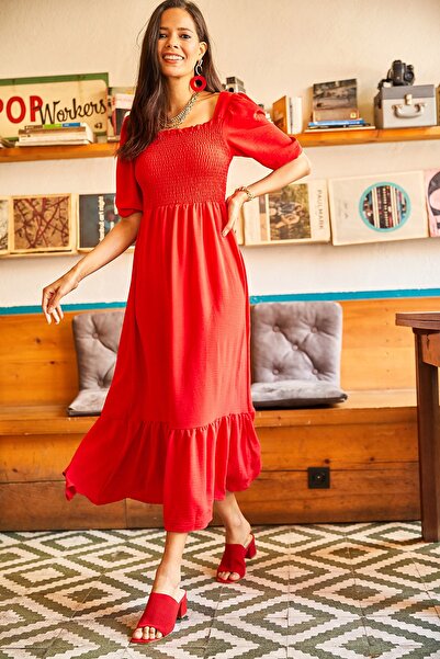 Olalook Women's Red Top with Glitter Square Collar Bodrum Dress ELB-19001557