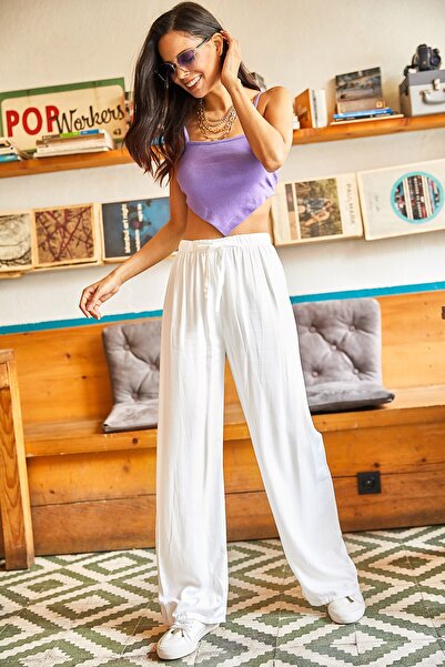 Olalook Kadın Ekru Kuşaklı Dokuma Viscon Palazzo Pantolon PNT-19000169