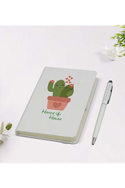 BK Kişiye Özel Isimli Kaktüs Tasarımlı 9x14cm Beyaz Defter Ve Kalem Hediye Se...