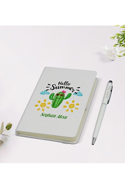 BK Kişiye Özel Isimli Kaktüs Tasarımlı 9x14cm Beyaz Defter Ve Kalem Hediye Se...