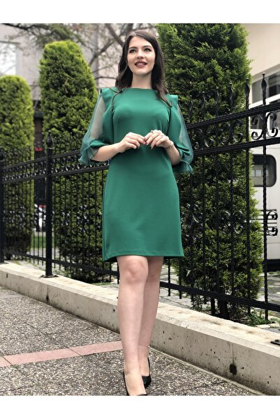 AYHAN Green Organza Sleeve Detailed Evening Dress Women's Dress
