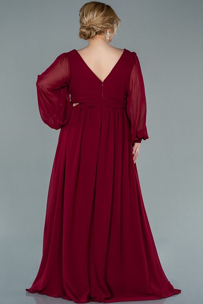 Abiyefon Burgundy Long Sleeve Chiffon Plus Size Evening Dress Abu1988