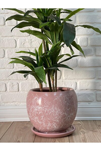 odka 20litre Küre Saksı Tabaklı 27cmx27cm Pudra Pembesi Renk Mermer Desenli