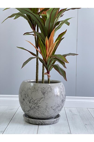 odka 10litre Küre Saksı Tabaklı 23cmx23cmx21cm Granit Renk Mermer Desenli