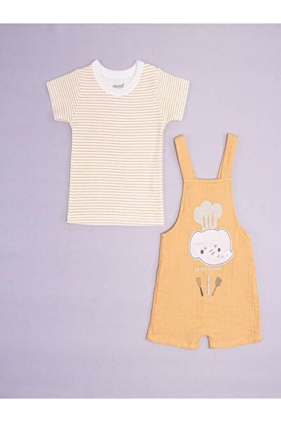 Kidaxi Erkek Bebek Mini Chef Şort Salopet T-shirt 1-9 Ay Turuncu