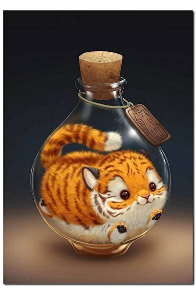 Cakatablo Ahşap Tablo Mantar Tıpalı Şişe Içindeki Sarı Kedi (25x35 Cm Boyut)