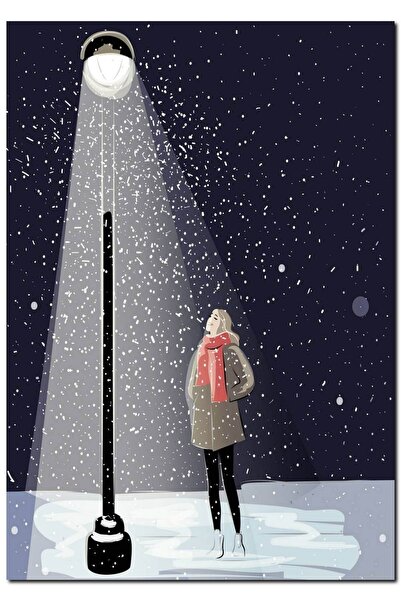 Cakatablo Ahşap Tablo Kış Mevsimi Sokak Lambası Altında Kız (35x50 Cm Boyut)