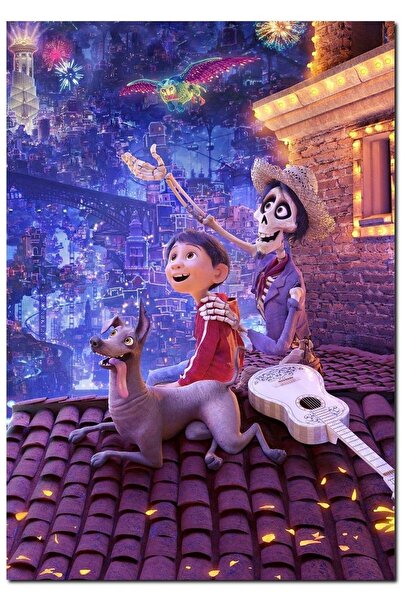 Cakatablo Ahşap Tablo Coco Gitarist Çocuk Iskelet Ve Sevimli Köpek (25x35 Cm Boyut)