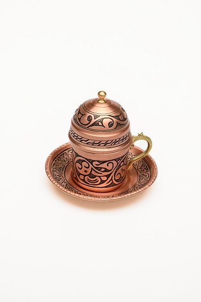 DMT COPPER HOME طقم فناجين قهوة تركية مفردة من الدرجة الأولى مطرزة يدويًا بالكامل من النحاس Gaziantep مع صينية 25 سم