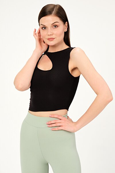 PUNKY CAT Women's Black Collar Detailed Sleeveless Crop Knitted Blouse