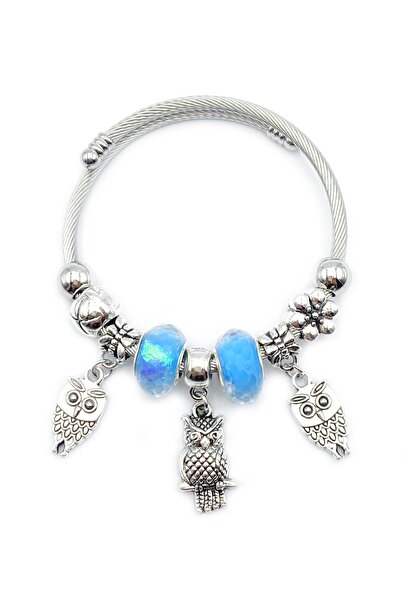 MOSSMOUR Women's Steel Body Blue Mother of Pearl Beaded Owl Charm Model Bracelet