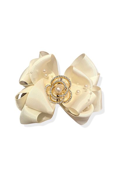 QUEEN AKSESUAR Luxury Layered Jewelled Pearl Brooch Satin Automatic Clip Large Buckle Cream