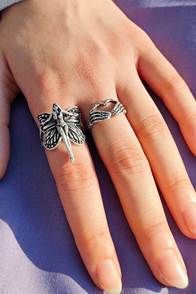 TREND COLLECTİON 2'li Ayarlanabilir Kadın Yüzük Set, Melek, Kalp Model Yüzük Set