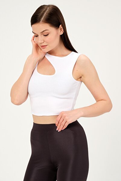 PUNKY CAT Women's White Collar Detailed Sleeveless Crop Knitted Blouse