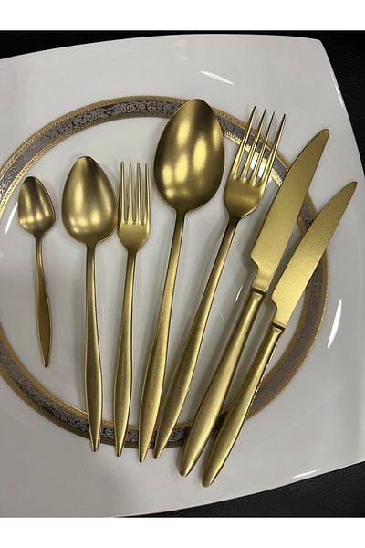 DMR LİFE Yakut Matte Gold 84 Pieces 12 Person Cutlery Set Boxed