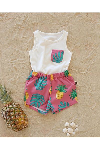 Magu Pineapple Patterned Regular Fit Sleeveless Shorts and Athlete Set - Kids