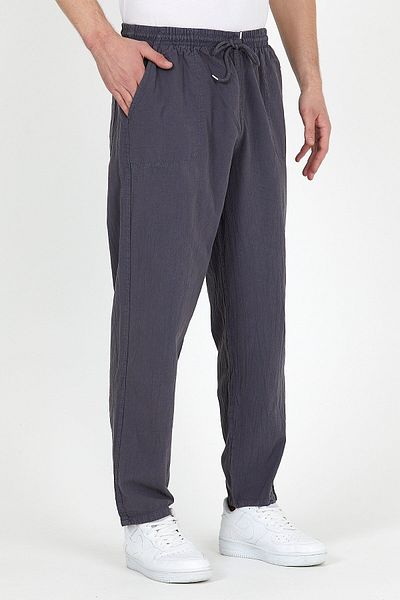FATELLA Unisex Raw Cloth Summer Comfortable Elastic Waist Corded Linen Look Cotton Trousers
