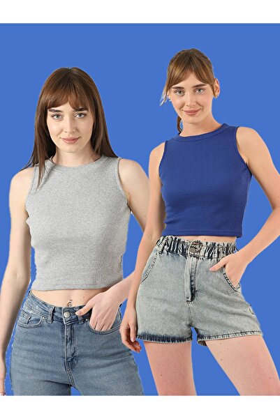 TİODES Ženska sivo-plava bluza sa halter izrezom, 2 dela