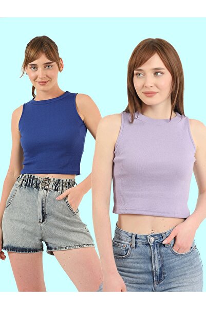 TİODES Γυναικεία Μπλούζα σε λιλά μπλε χρώμα με λαιμόκοψη halter, 2 τεμαχίων