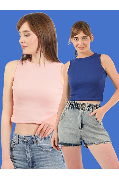 TİODES Γυναικεία Μπλούζα σε Πούδρα Μπλε με Γιακά Halter, 2 τεμαχίων