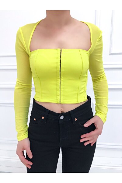 Dilvin 50123 Tül Detaylı Crop Top - Lime