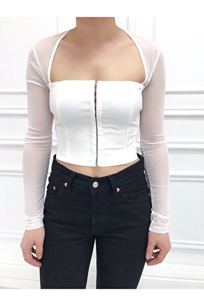 Dilvin 50123 Tül Detaylı Crop Top - Ekru