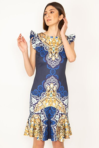 Şans Tekstil Women's Navy Blue Flounce Detailed Lined Dress 85n7029