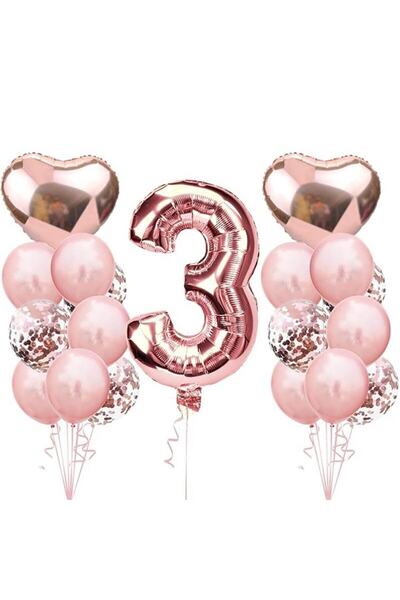 BEST PARTİ DOĞUM GÜNÜ PARTİ SÜSLERİ 3 Year Old Rose Gold Birthday Balloon Set