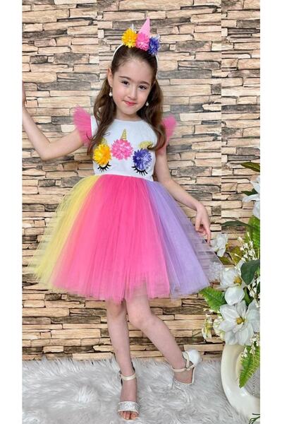 ZEYA MODA Unicorn Pony Taç Toka Aksesuarlı Kız Çocuk Elbise