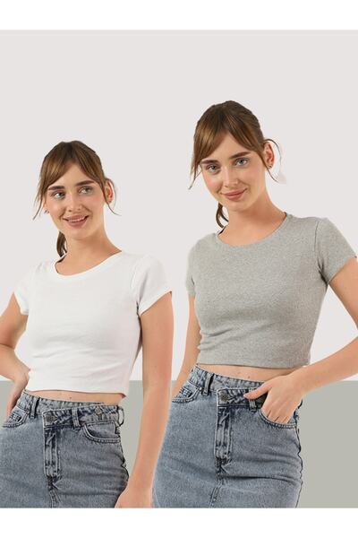TİODES Bluză crop cu decolteu rotund, alb-gri, pentru femei, pachet de 2