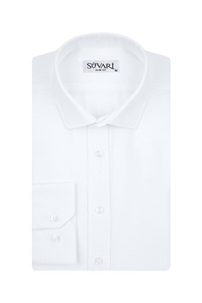 SÜVARİ Slim Fit Armür Desenli Beyaz Erkek Gömlek