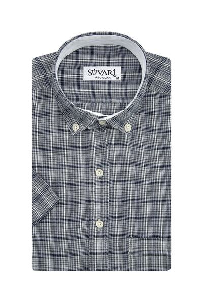 SÜVARİ Desenli Kısa Kollu Lacivert Erkek Gömlek