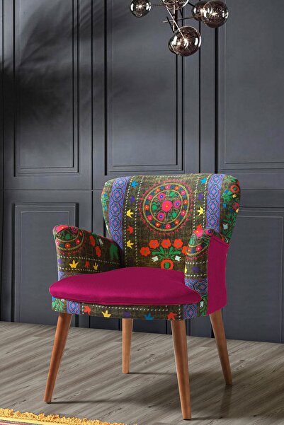 Kayser Home Berjer - Tekli Koltuk - Etnik Desen - Ahşap Ayak - Nubuk Kumaş - Fuşya