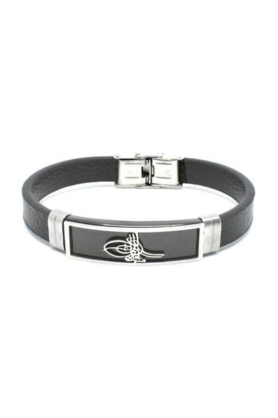Acousticworld Leather Men's Steel Bracelet with Ottoman Tughra