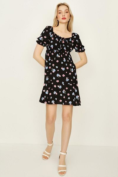 Select Moda Women's Black Floral Patterned Pentagonal Collar Balloon Sleeve Mini Dress