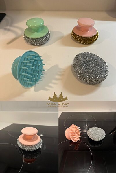 MissClean Plastik Tutma Saplı Paslanmaz Bulaşık Ovma Teli Lüks Bulaşık Teli