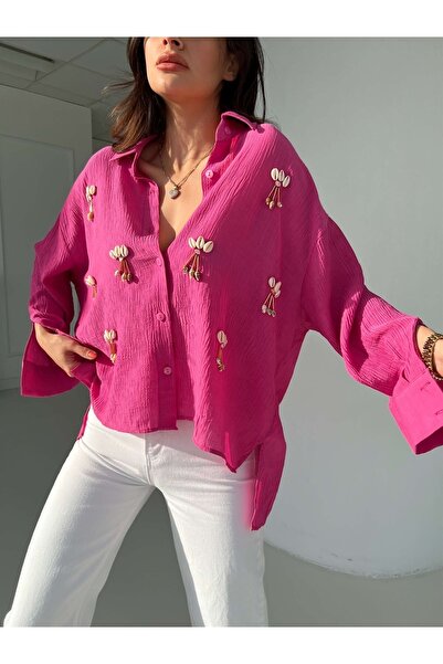 Okyanus Butik Kadın Fuşya Istiridye Boncuk Detaylı Oversize Gömlek