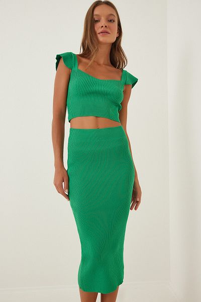 Happiness İstanbul Woman's Green Knitted Flywheel Crop Skirt Set KI00050