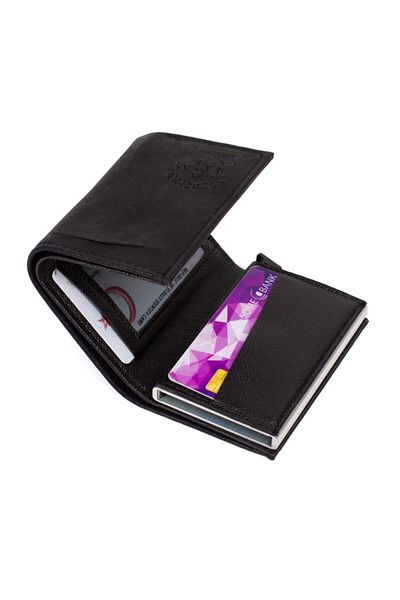Newishpolo Newish Men's Crazy Faux Leather Aluminum Mechanism Slide Card Holder Wallet Black (7x10 Cm) Card Holder